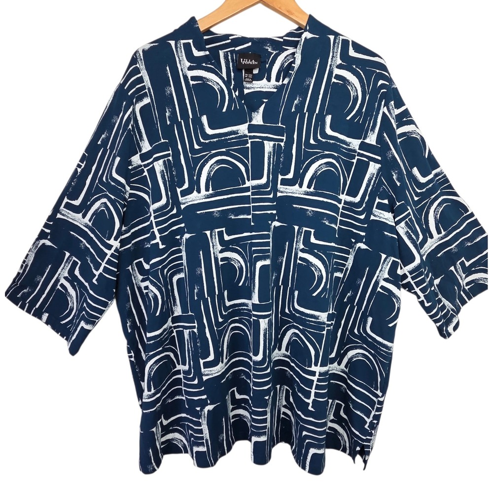 Ulla Popken Womens Blue Abstract Tunic Top Plus Size 24/26 Artsy Knit Resort